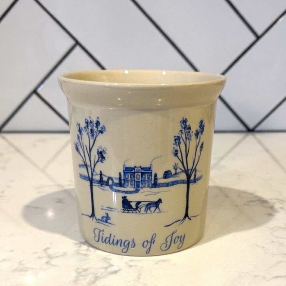 Creative Co-Op stoneware container hand-painted winter scene "Tidings of Joy,"